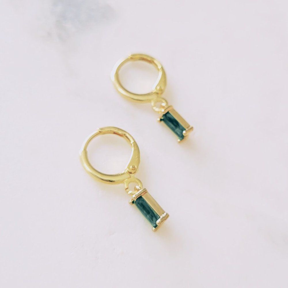 7/$35 Gold Tone Green Rhinestone Huggies - Picture 6 of 7